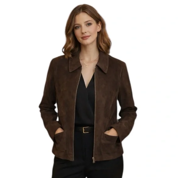 Suede Leather Chocolate Brown Blouson Full Zip Pockets Lined Jacket MP - Picture 1 of 16